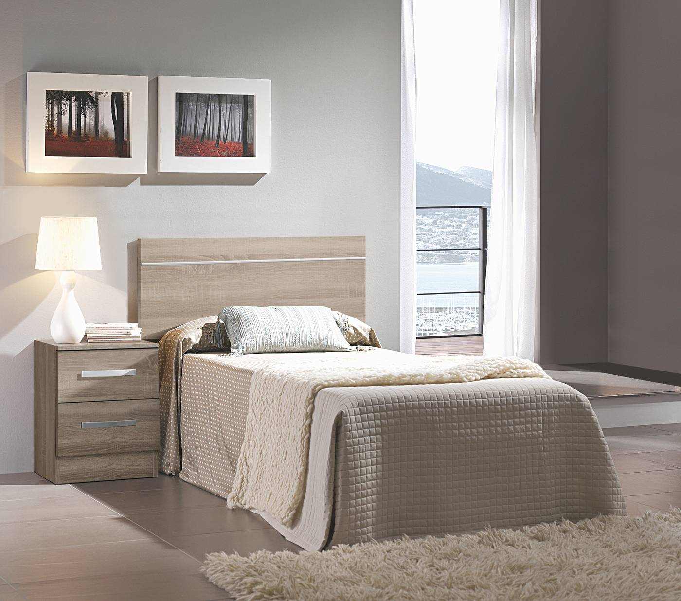 Dormitorio juvenil color acacia, blanco o cerezo inglés: mesita 2 cajones y cabecero